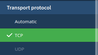 a red arrow pointing to the TCP option for network protocol in the advanced settings menu of the Mullvad VPN app.